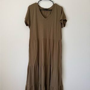 Casual Brown V-Neck Tiered Dress